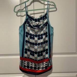 Cabi Polka Dot Satin Cowl Neck Tank Size M Blue Red Geometric Sleeveless Blouse